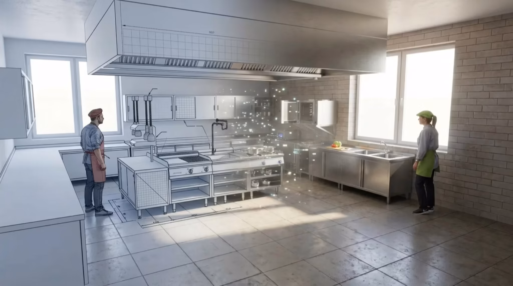 AI Rendering Ansicht Großküche