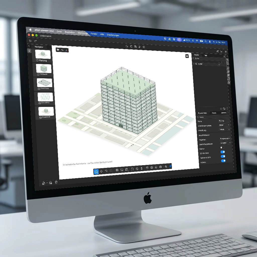 iMac mit originaler pCon.planner next Oberfläche: IFC-Gebäude auf einer schematischen Kartenbasis, Geschoss und Grundriss